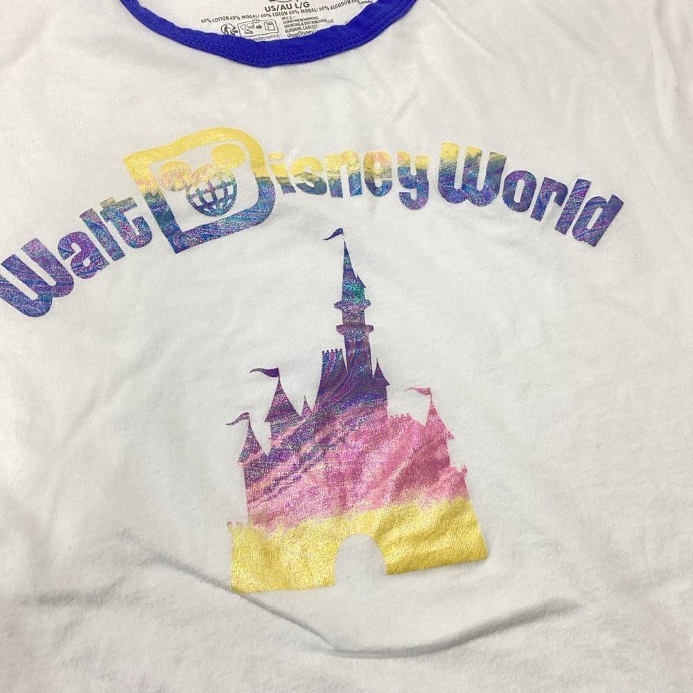 Disney World Shimmering Screen Print T-Shirt - White with Multicolor Castle L